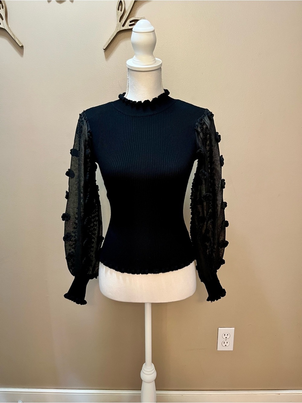 Cato Black Puff-Sleeve Ribbed Knit Top Size XS